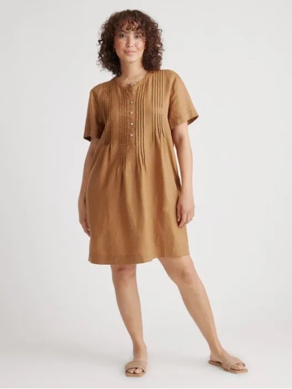 Quince Golden Brown European Linen Short Sleeve Swing Dress sz L